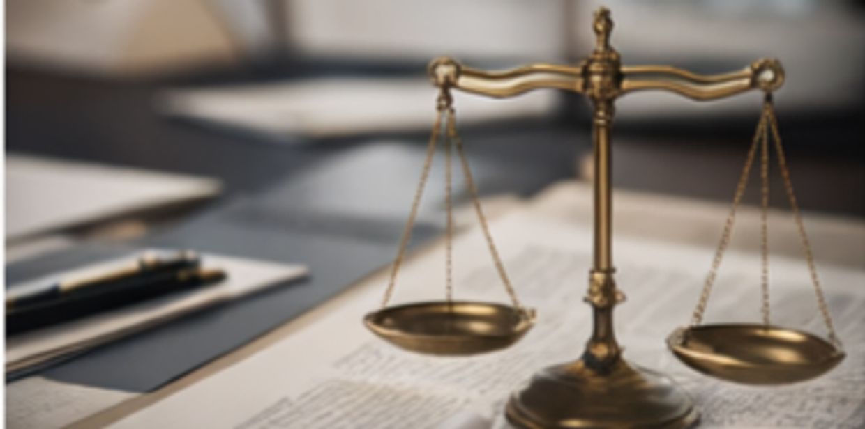 Scales of justice on legal documents, representing law and fairness.