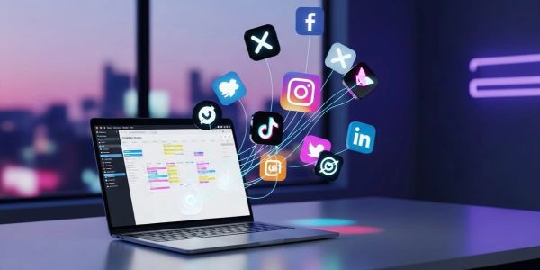 Laptop with social media icons floating above.