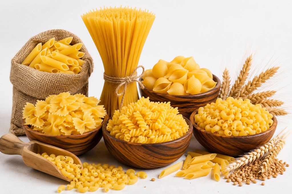 Various types of uncooked pasta displayed in wooden bowls and burlap sack.