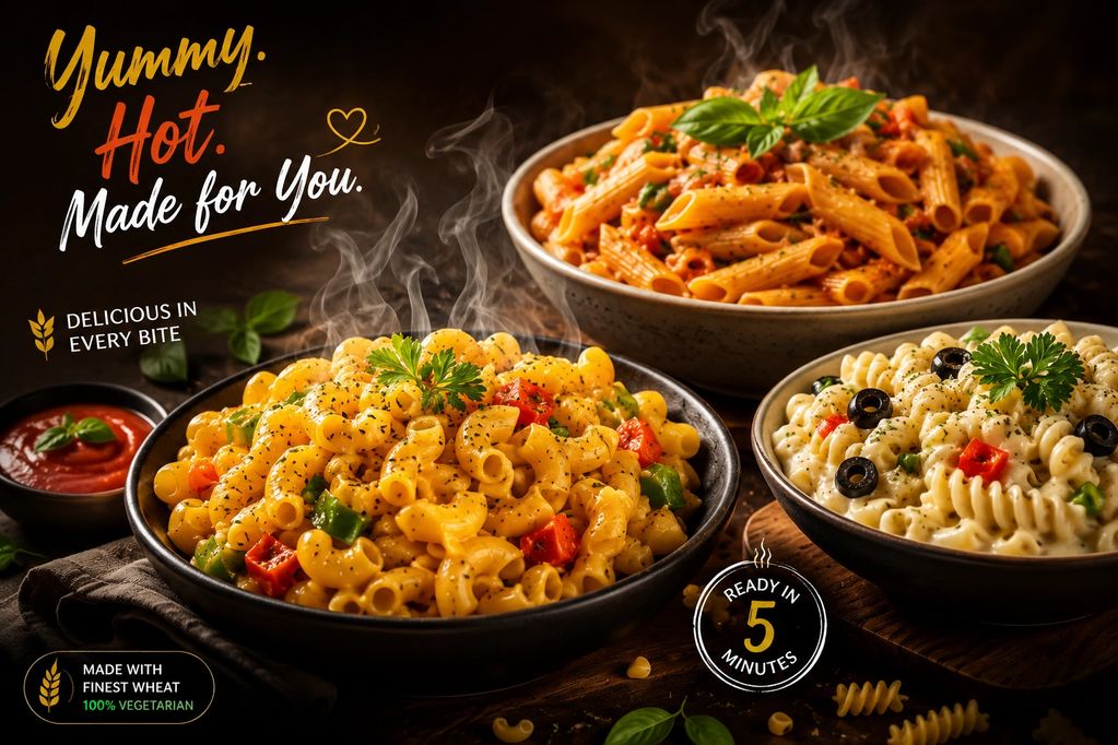 Three steaming bowls of delicious vegetarian pasta ready in 5 minutes.