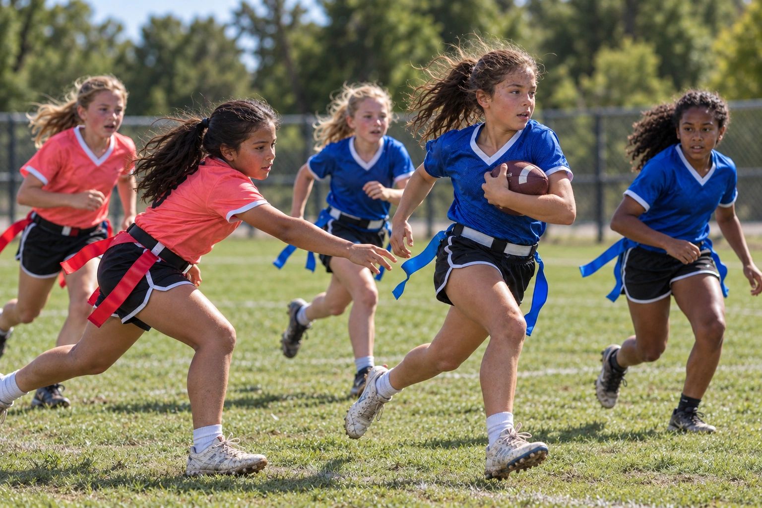 Girls playing flag football, with a ball carrier running past a defender reaching for her flag.