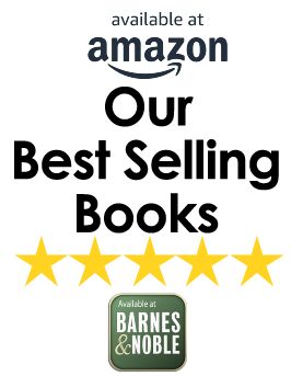 our best selling books are available at Amazon and Barnes and Noble graphic with 5 gold stars and lo