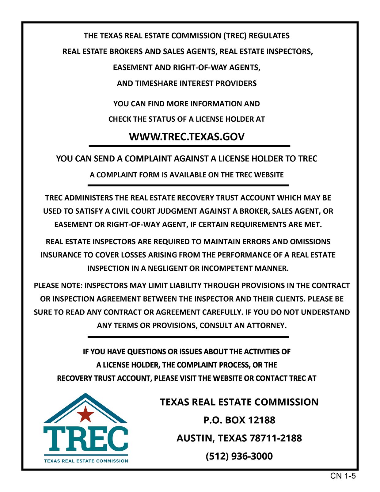 Information about the Texas Real Estate Commission and how to contact them.