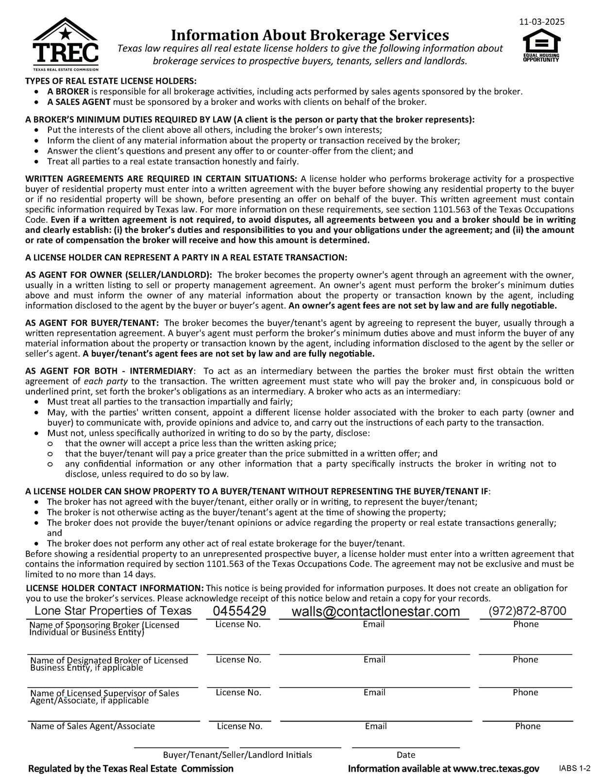 Texas real estate brokerage services information and legal requirements notice.