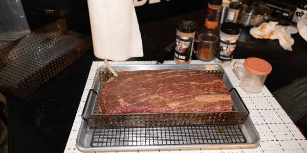 Texas Wagyu Brisket in a silver tray on a table