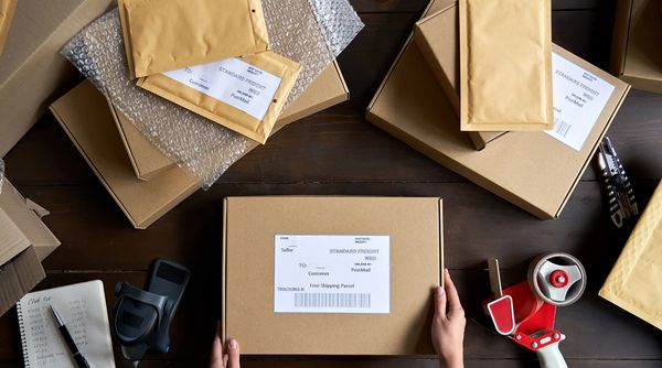 Hands preparing a package for shipment with boxes, envelopes, and a label printer.