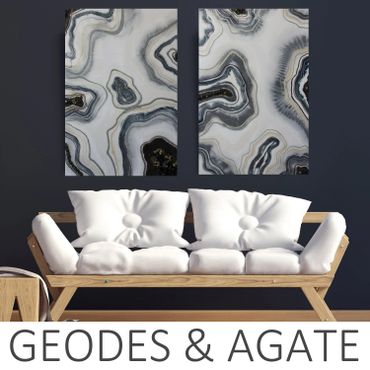 Black and White Painting of Geode Agate Stone Wall Deco Art with Crystals done in Resin. Gem Stone