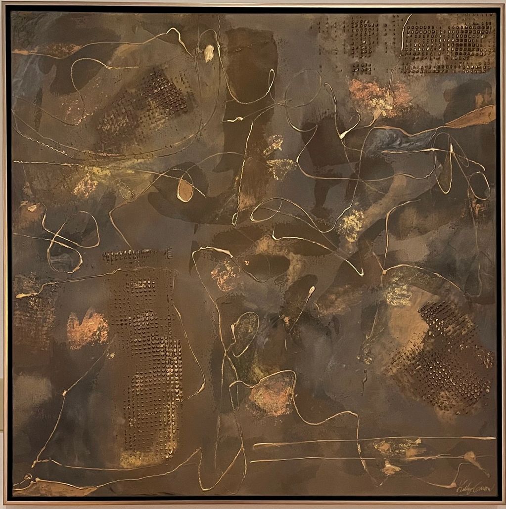 BROWN BRONZE EARTH TONE GOLD AND CHARCOAL GRAY ABSTRACT HEAVY TEXTURE AND FRAMED