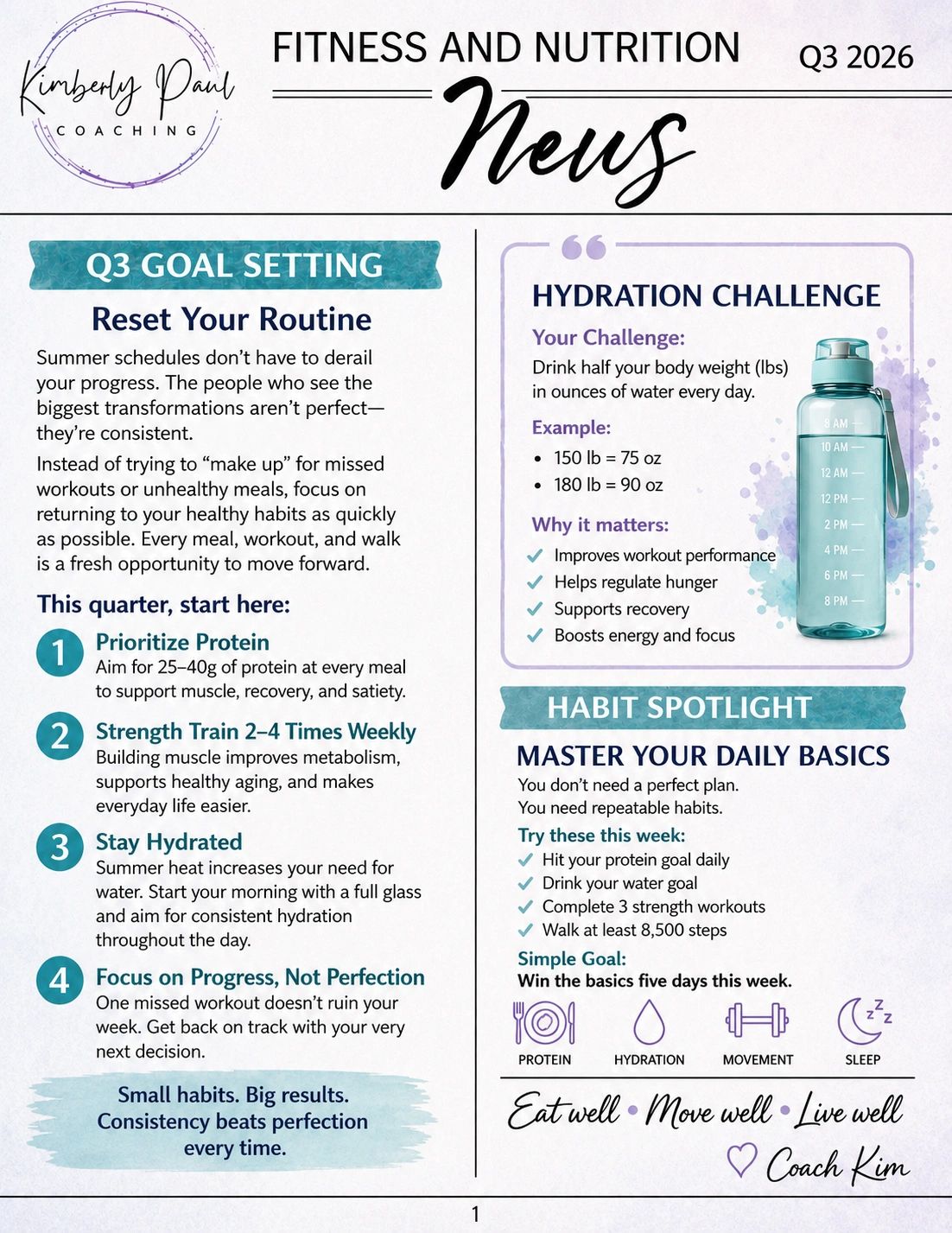 Fitness and nutrition goals, hydration challenge, and daily habit spotlight for Q3 2026.
