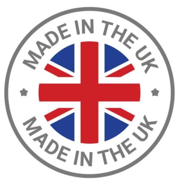 Circular 'Made in the UK' badge with Union Jack colors.