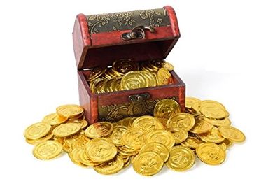 Small treasure chest overflowing with gold coins.
