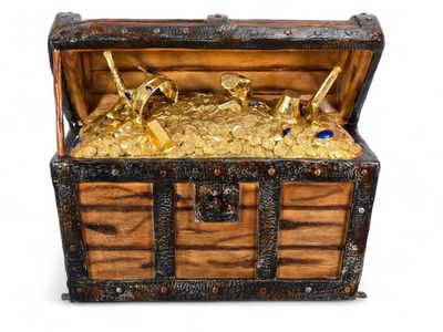 An antique wooden treasure chest overflowing with gold coins and bars.
