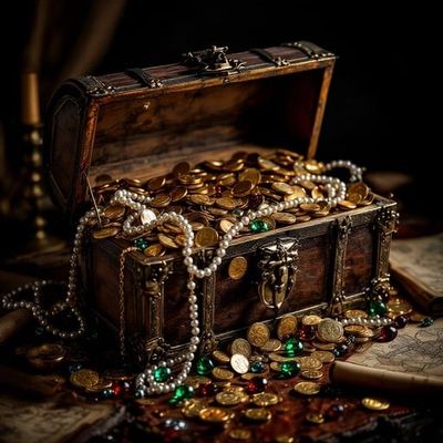 An open treasure chest overflowing with gold coins and pearl necklaces.