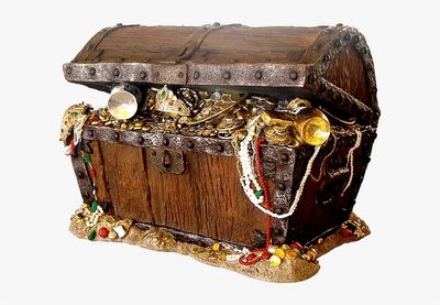 Wooden treasure chest overflowing with gold and jewels.