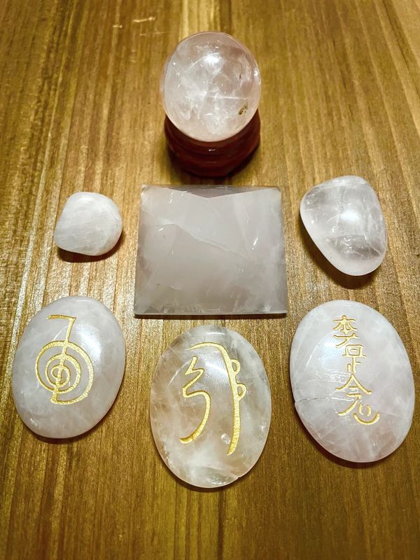 Rose quartz spheres, pyramid, power symbol CKR, mental/emotional symbol SHK, distance symbol HSZSN