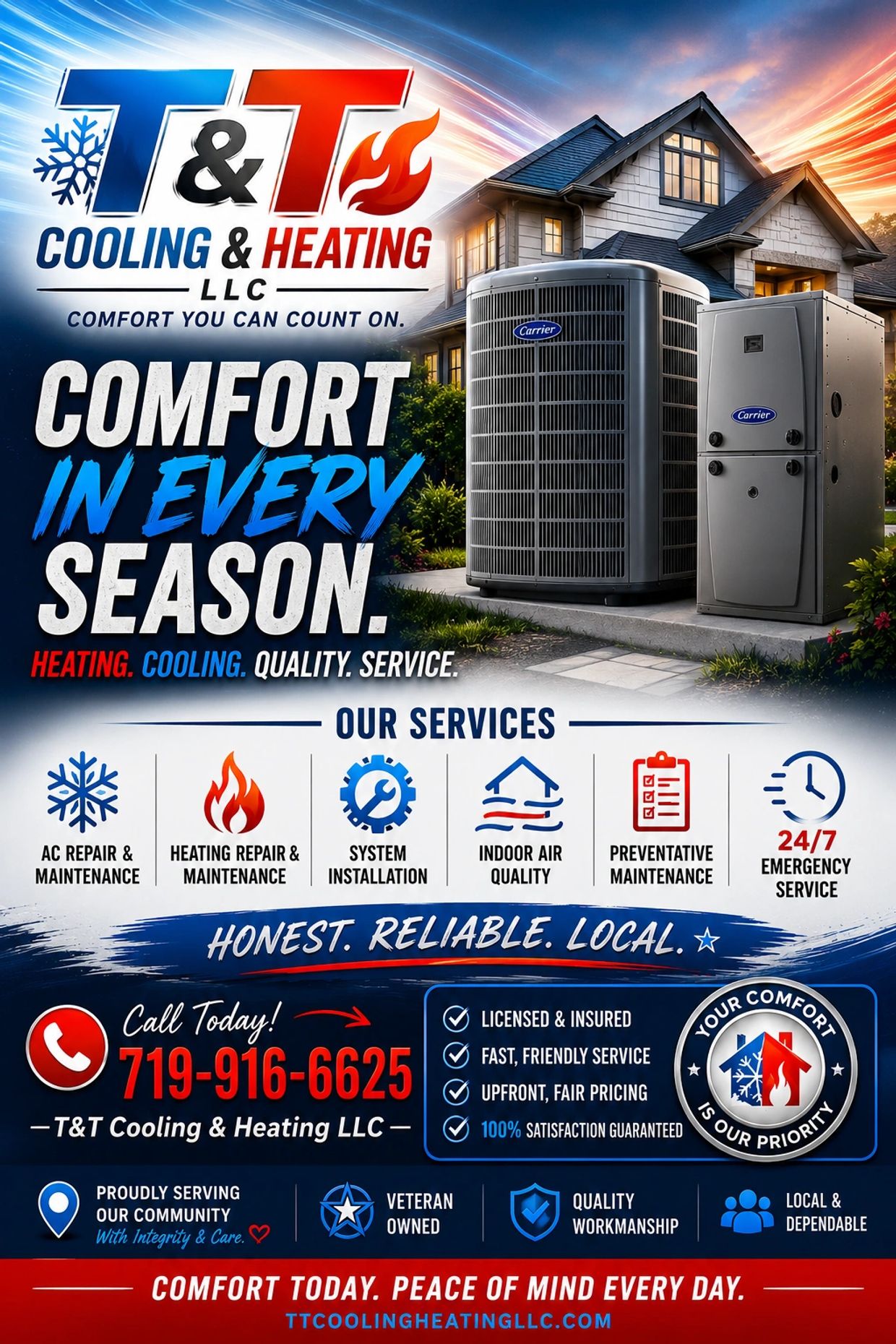 T&amp;T Cooling &amp; Heating offers reliable heating and cooling services with 24/7 emergency support.