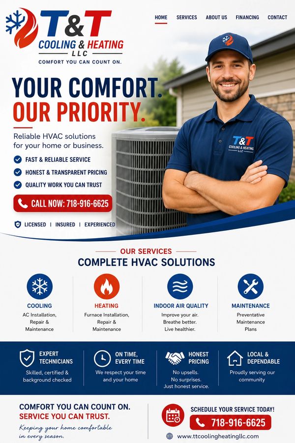 HVAC service advertisement featuring a smiling technician and contact info for T&amp;T Cooling &amp; Heating LLC.