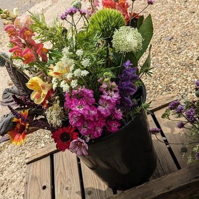 A bucket of hand-picked orange gladioli, purple statice, pink gerberas, and green thistle.