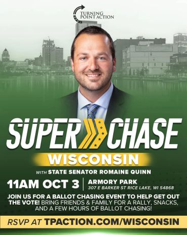 Promotional flyer for Super Chase Wisconsin event with Senator Romaine Quinn.