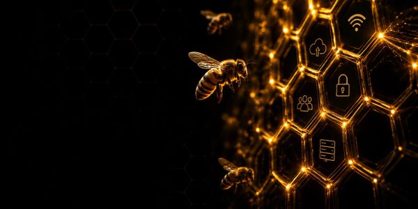 Bees flying around a glowing honeycomb with tech icons.