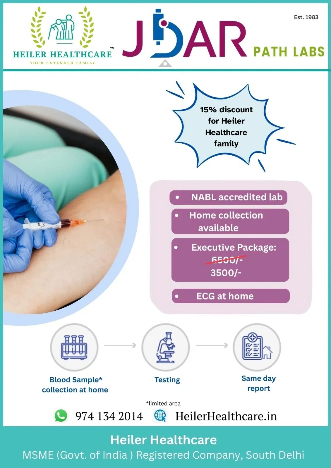 Heiler Healthcare offers home blood sample collection and testing with a 15% discount.
