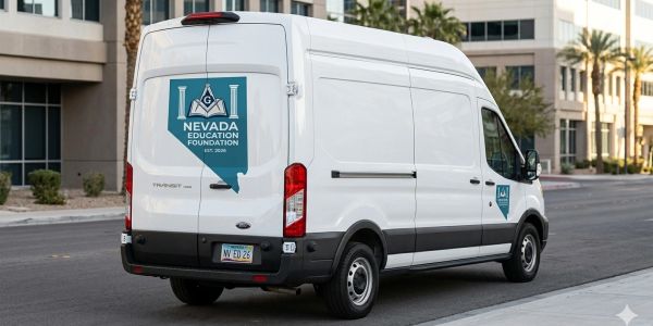 White van with Nevada Education Foundation logo parked on street.