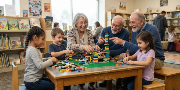 Children and seniors building with blocks at a library table.