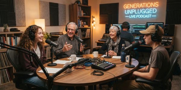 A multi-generational podcast recording session.