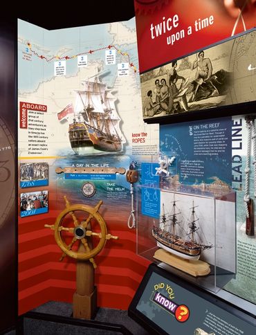 HMB Endeavour (above) installed in the History Channel Museum gallery on Captain Cook.