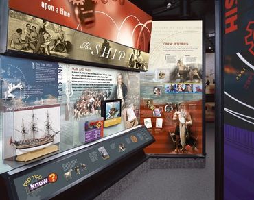 HMB Endeavour (above) installed in the History Channel Museum gallery on Captain Cook.