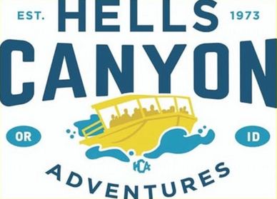 Logo for Hells Canyon Adventures featuring a yellow boat on water.