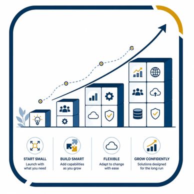 Growth stages illustrated with icons and upward trend arrow.