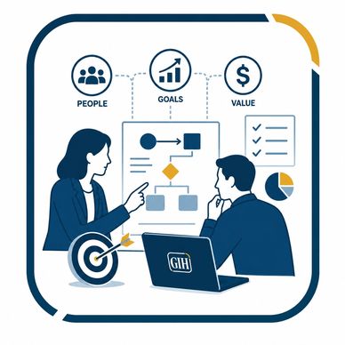 Two people discussing business goals and values.