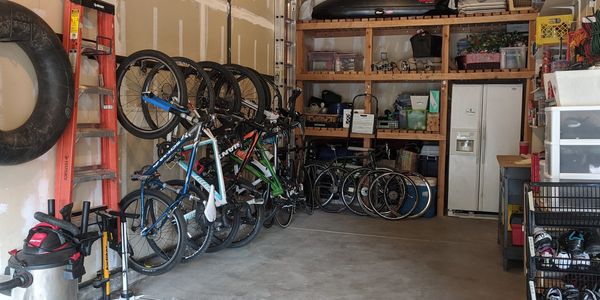 Reorganized garage with nine bicycles by Simply Persnickety 