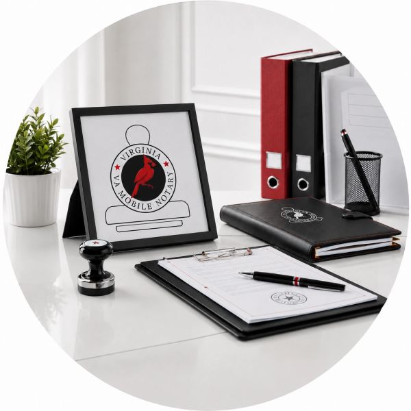 desk with notary stamp, logo, notebook, and pen