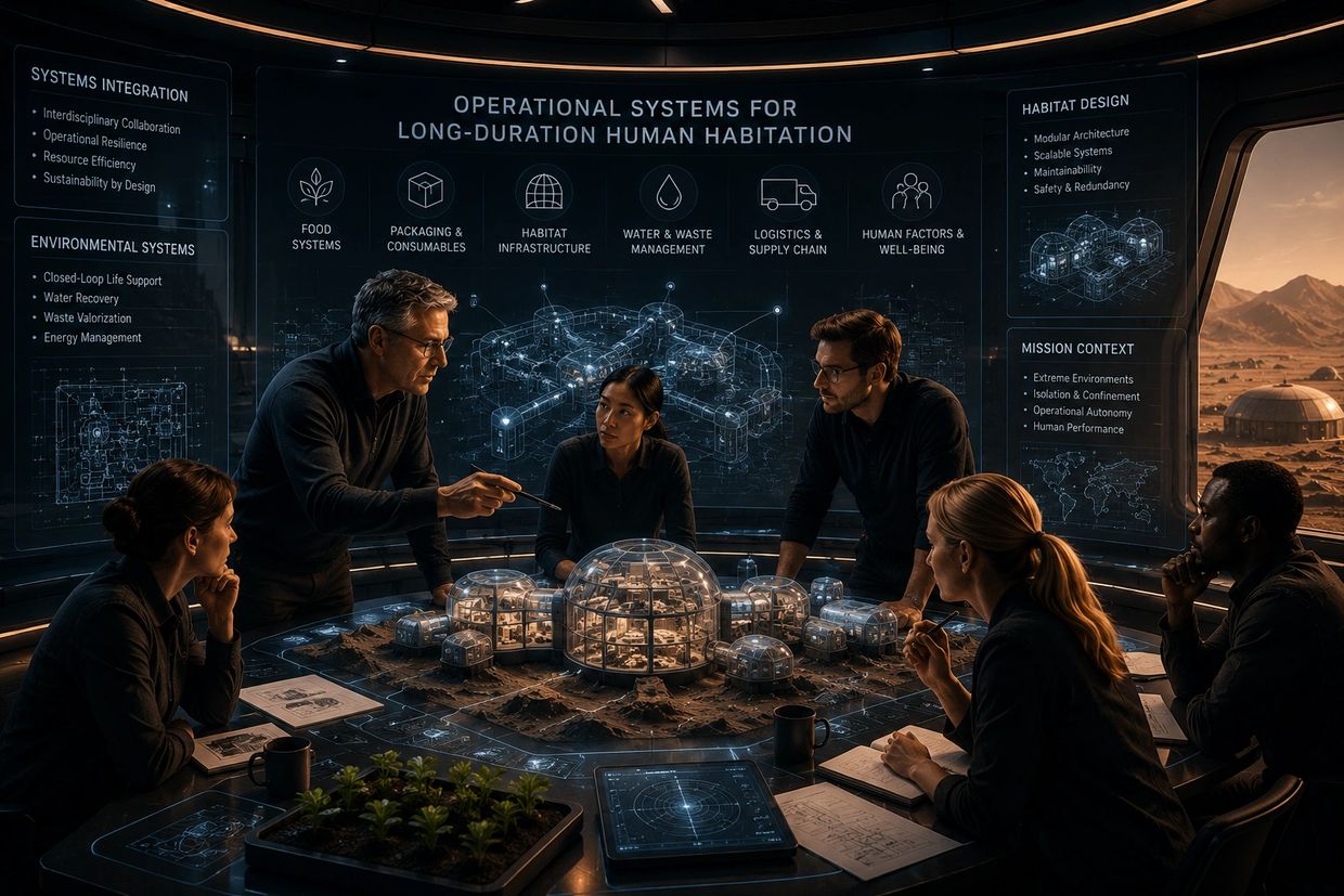 Team discusses futuristic habitat design for long-duration human habitation.