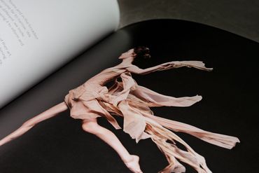 A dancer captured mid-leap with flowing fabric in a photo book.