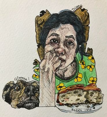 A young girl with horns gazing calmly at the viewer with the dog eyeing her plated slice of cake. 