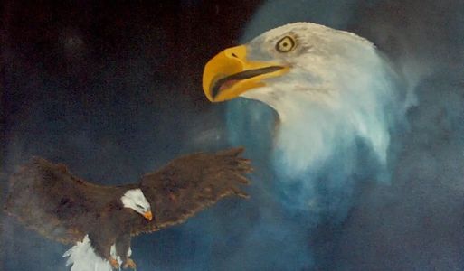 painting of man with his arm raised up to an eagle with the spirit of an eagle in the sky