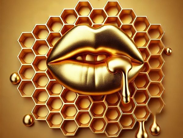 Golden lips with honey dripping over a honeycomb background.
