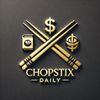 Golden logo of Chopstix Daily with crossed chopsticks and symbols.