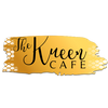 Elegant gold brush stroke logo reading 'The Kween Cafe' on black background.