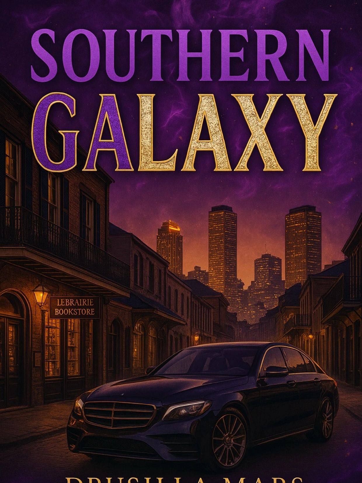 Book cover for Southern Galaxy by Drusilla Mars with a cityscape and luxury car.