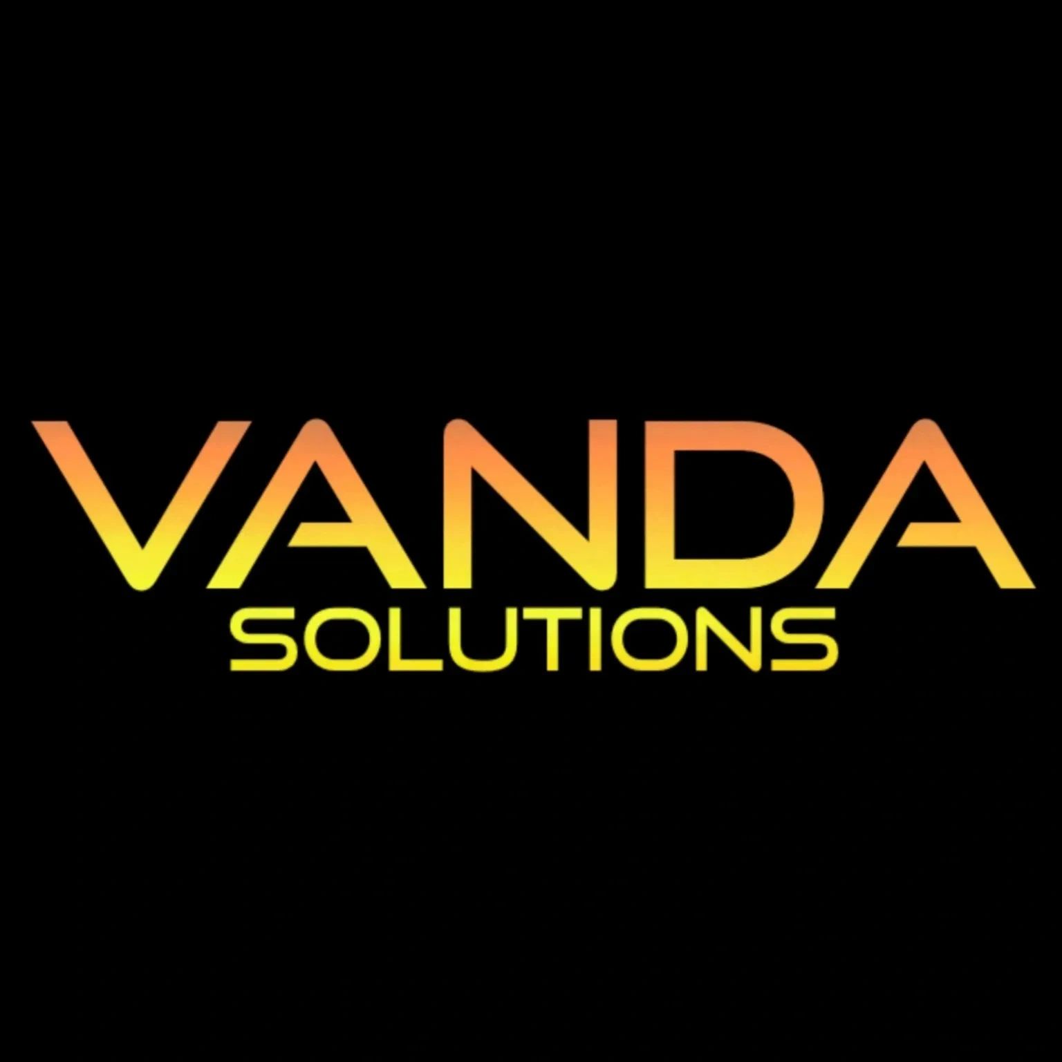 Logo for Vanda Solutions with a gradient orange-yellow text on black background.