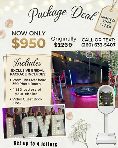 Bridal package deal with photo booth, LED letters, and video guest book for $950.