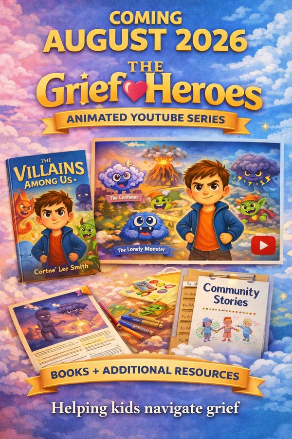 Promotional poster for The Grief Heroes animated YouTube series launching August 2026.