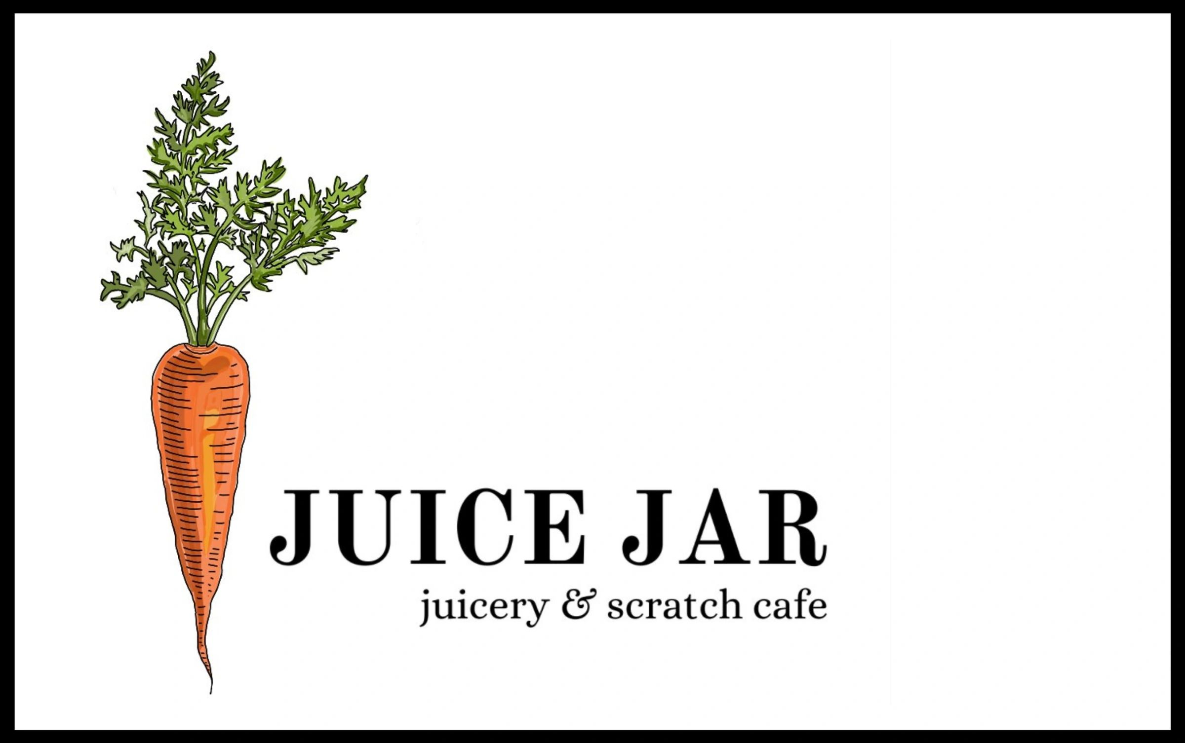 Illustrated carrot logo with Juice Jar juicery and scratch cafe text.