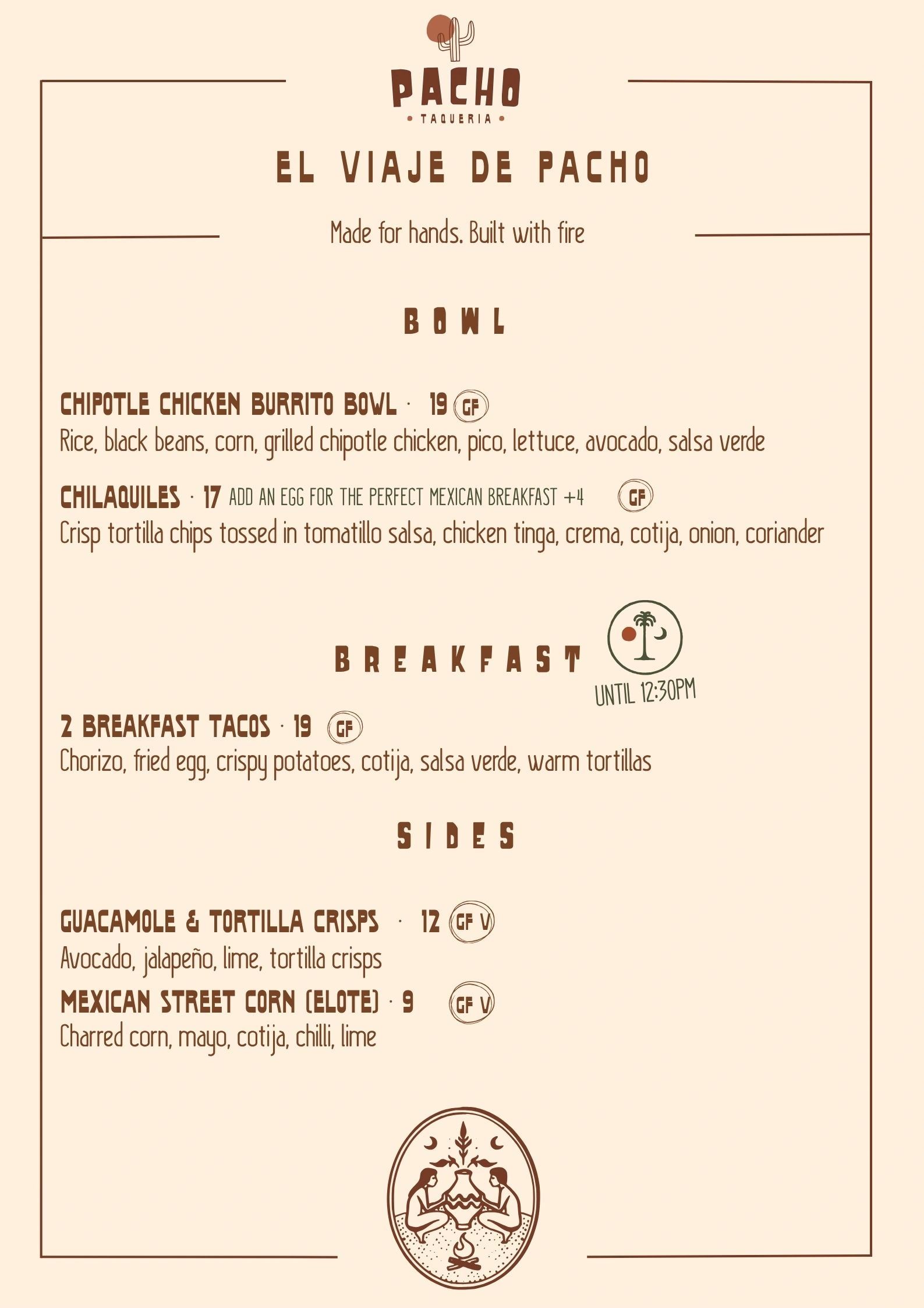 Menu from Pacho Taqueria featuring bowls, breakfast, and sides with gluten-free options.