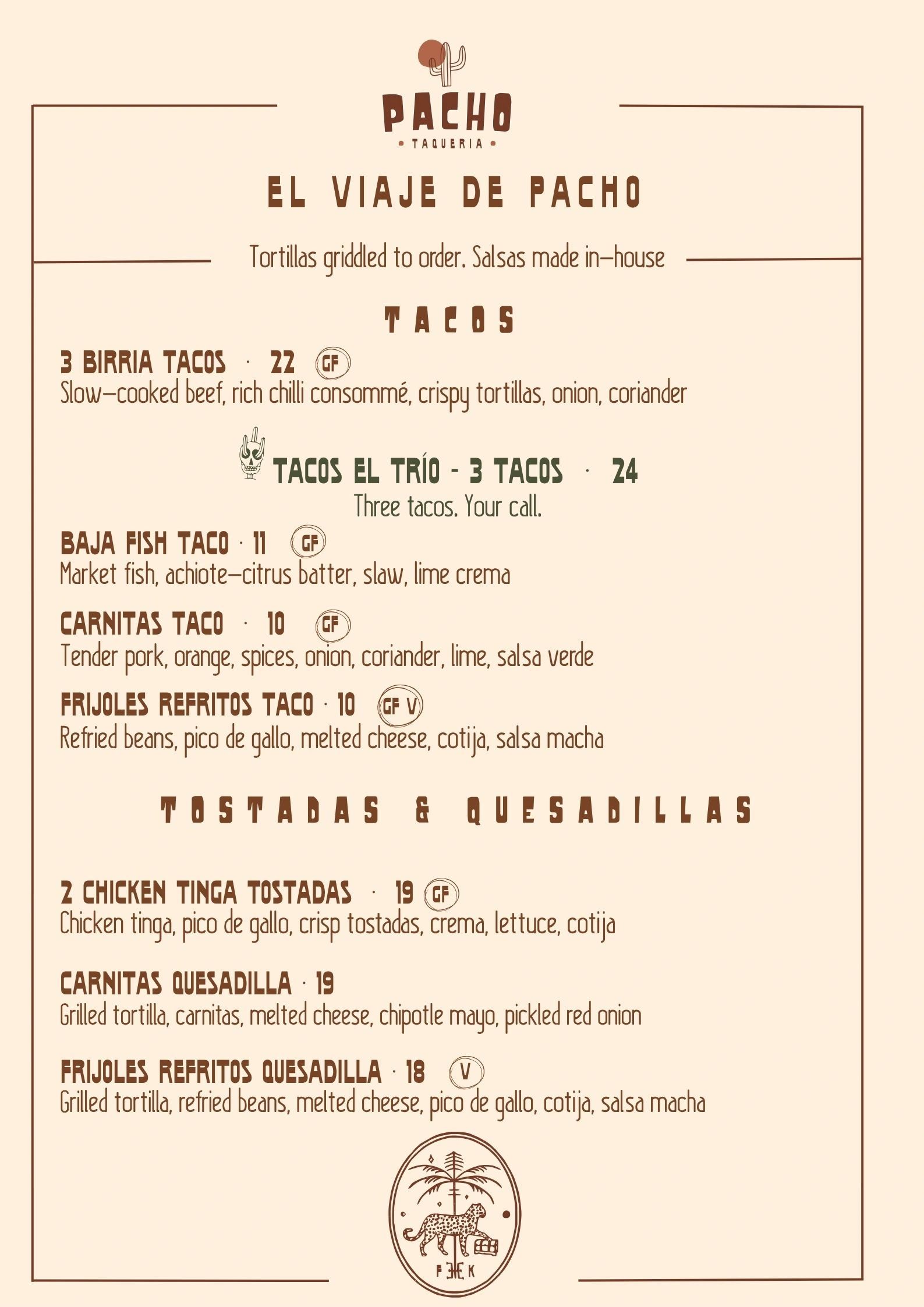 Menu of Pacho Taqueria featuring tacos, tostadas, and quesadillas with detailed ingredients and prices.