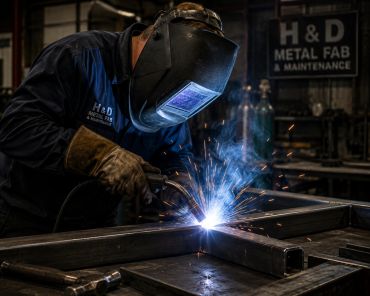 Worker welding metal in a workshop.